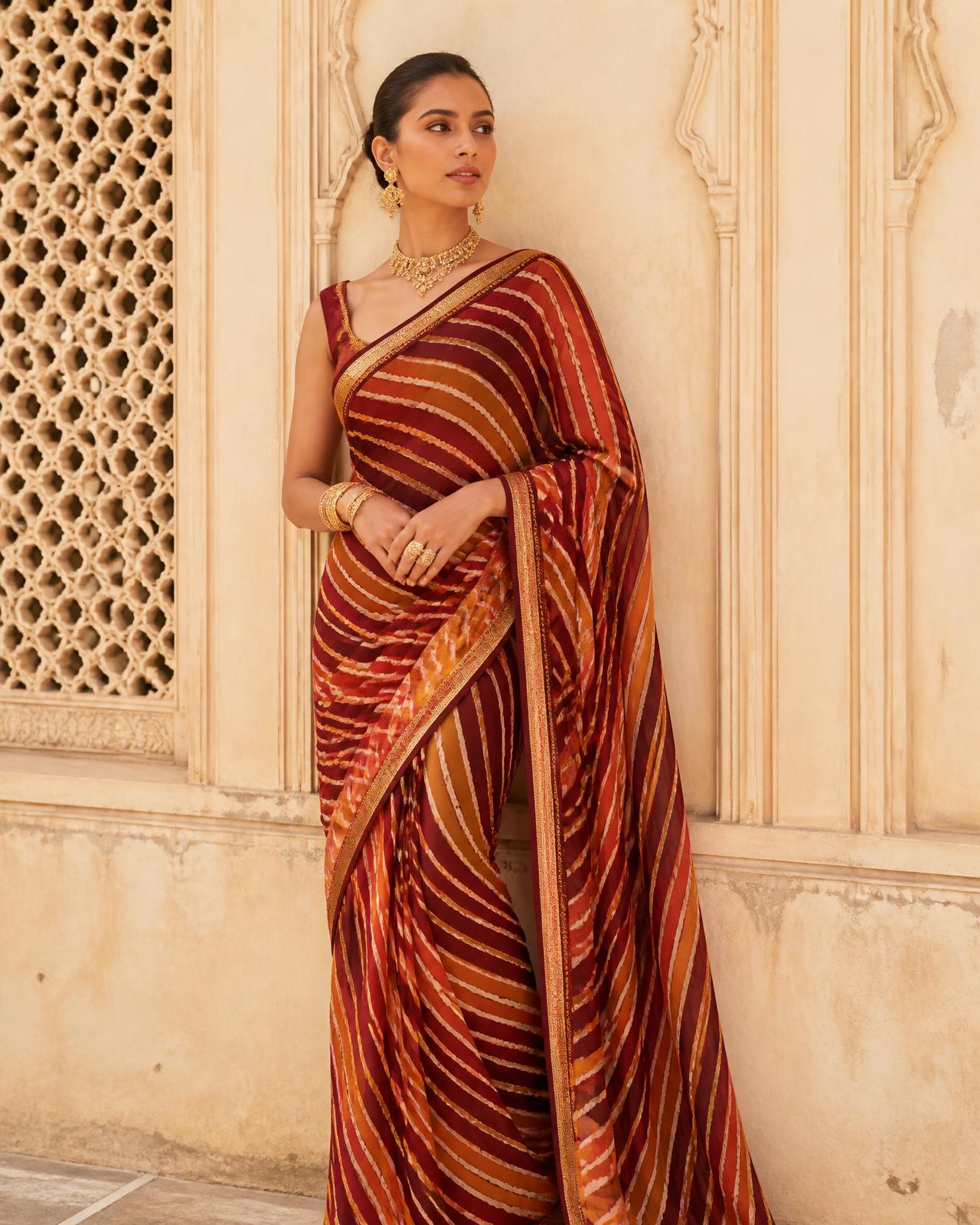 A woman wearing a Leheriya saree in front of a Jaipur haveli
